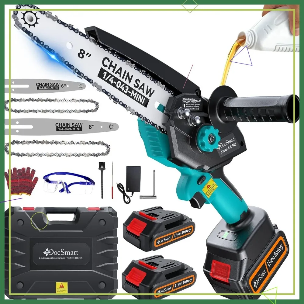 

Аккумуляторная мини-бензопила с 2 батареями, 8 и 6 дюймов для обрезки деревьев и резки дерева, идеальный садовый инструмент