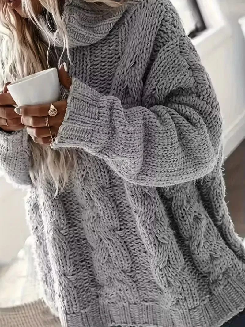 سترة نسائية مريحة باللون الرمادي - مقاس فضفاض، حاشية غير متماثلة، أكمام ثلاثة أرباع، رقبة عالية، مثالية لخريف/شتاء، كاجوال #1