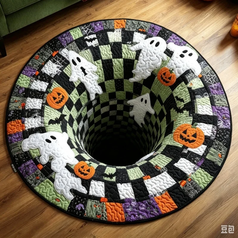 3D Vortex Ghost Pumpkin Halloween Round Rug, Checkered Spooky Circular Floor Mat, Indoor Home Decoration