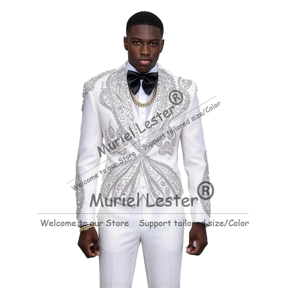 Men's Suits And Separates Designer Sparkly Crystals Beading Jacket Vest Pants 3 Piece Sets Groom Tuxedo Man Stage Ropa Hombre