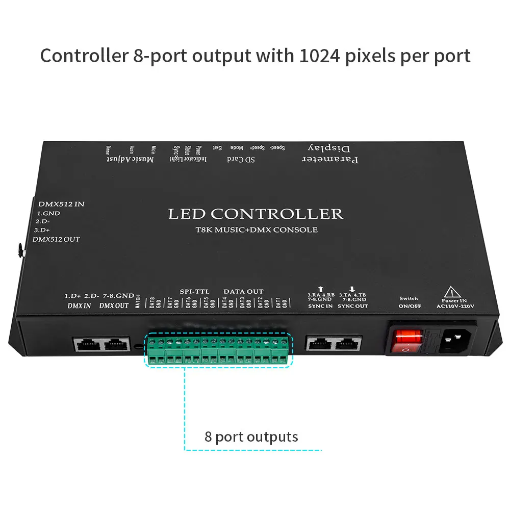 T8K Music+DMX Console SPI-TTL Led Strip Light Controller 8Channels Port With Mic in/Aux in For WS2811 WS2812B WS2813 WS2815