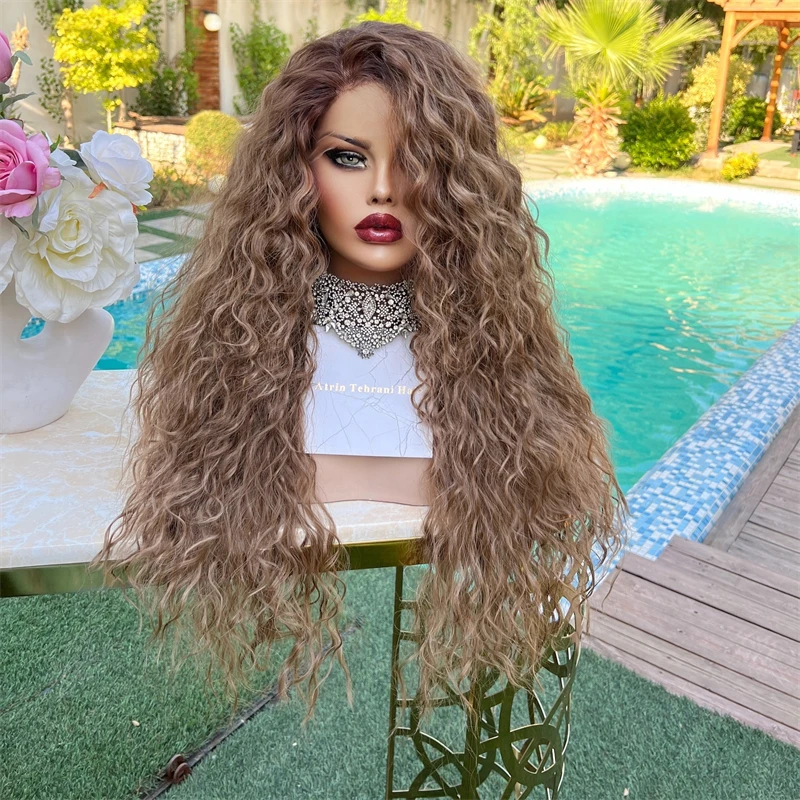 

Small Large Cap Ombre Blonde Brown Deep Curly Synthetic Lace Front Wig Glueless HD Lace Front Wig Human Hair Blend Synthetic Wig