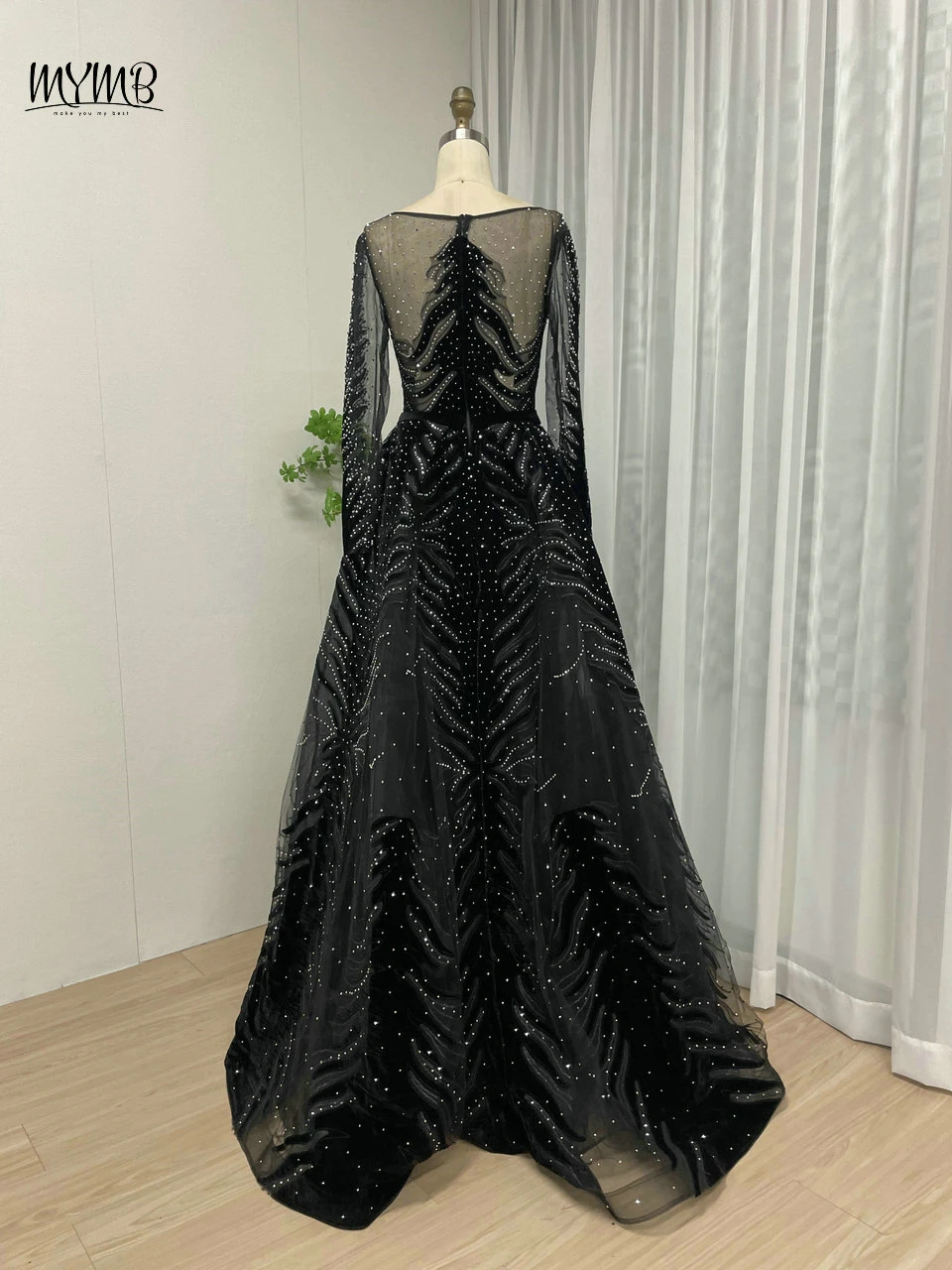 MYMB Black Scoop Neck A-Line Women Formal Party Elegant Gown Long Sleeves Beaded Illusion Back Evening Dress vestidos de novia