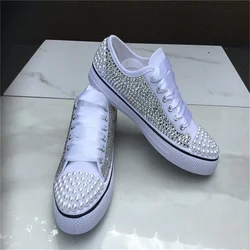 Explosive white pearl rhinestone fashion shoes all match canvas shoes heavy industry comfortable banquet street clapper shoes