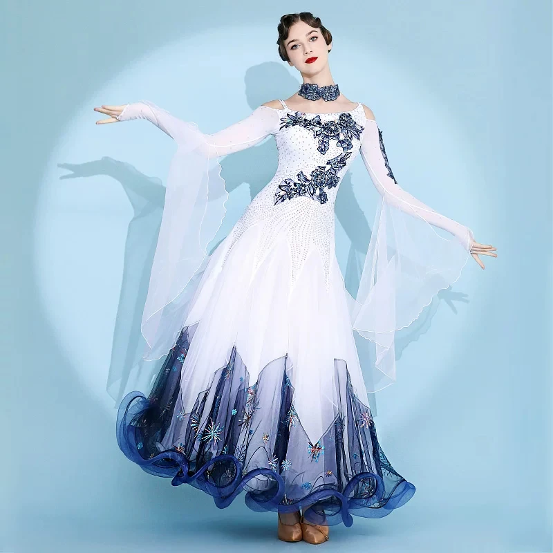 Ballroom dance competition dress with square neck off-shoulder flared long sleeves,blue floral applique rhinestone decor,gradien