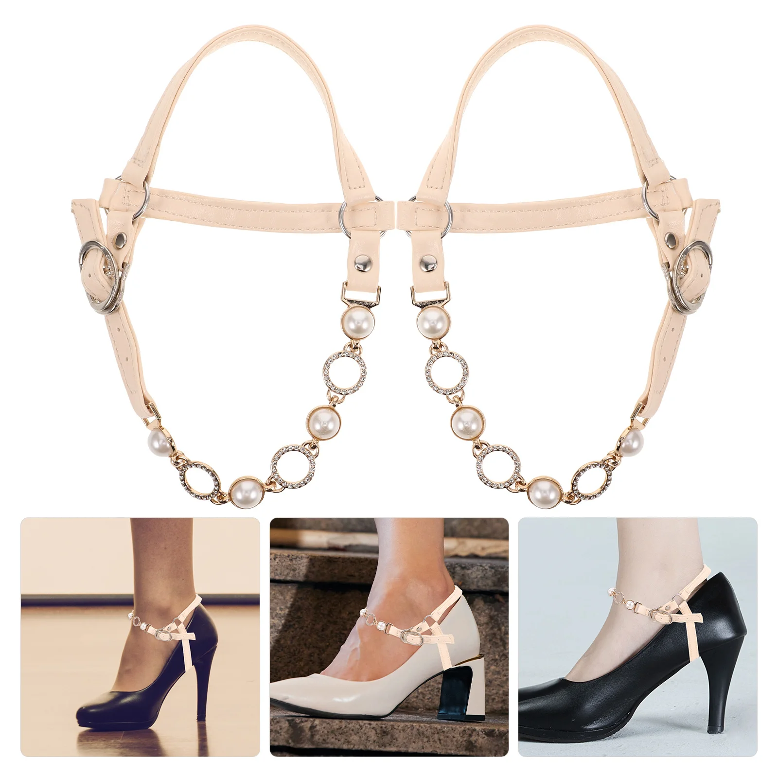 

1Pair High Heel Shoe Straps Fake Pearl Rhinestone Anti-Slip Detachable Ankle Straps for Loose Heels Sandals Slippers