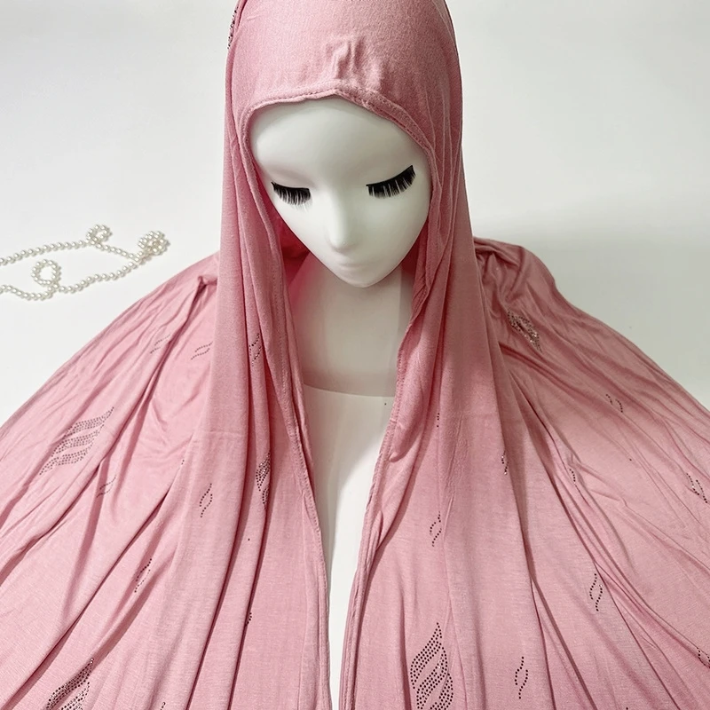 Elegant Wavy Diamante Jersey Hijab Elastic Softest Cotton Shawl Headwrap Rhinestone Arabesque Turbans Muslim Woman Long Scarf