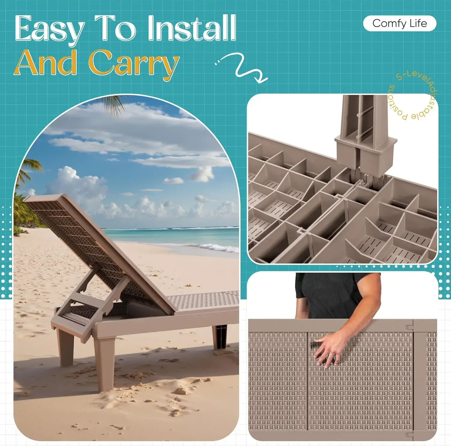 [سعر مخفض! ]طقم كراسي استرخاء خارجية مكونة من قطعتين مع مسند ظهر قابل للتعديل مكون من 5 أوضاع، وكراسي استلقاء للتشمس PP مقاومة للماء