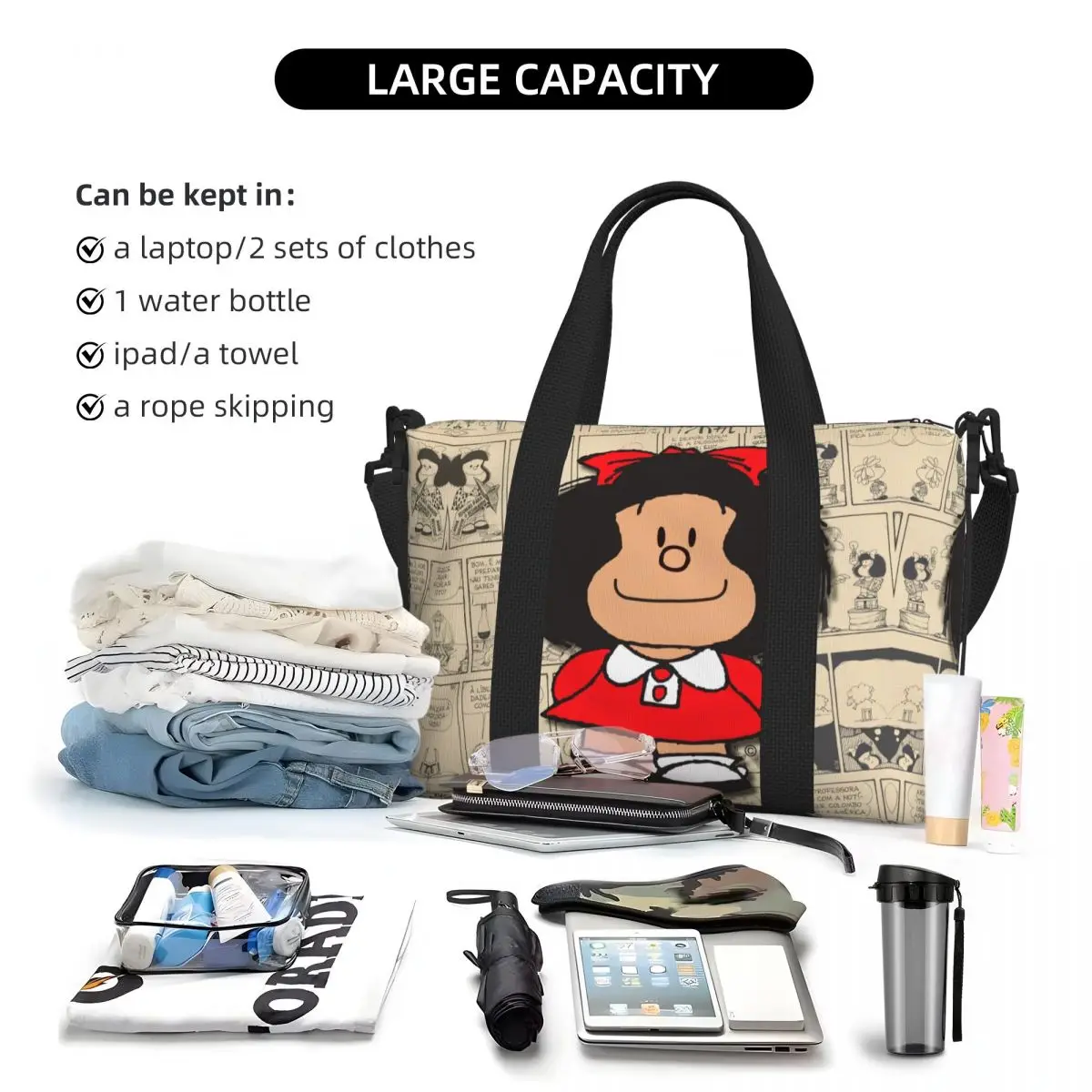 Custom Vintage Mafalda Manga Beach Tote Bag for Women Extra Large Gym Carry On Quino Comic Cartoon Travel Shopping Bags