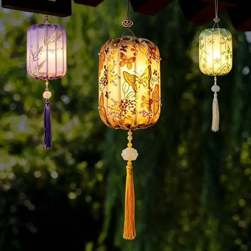 Handheld Retro Toy Handmade Brocade Lantern DIY Glowing Creative Wooden Lamp Kit Portable Vintage Mid Autumn Craft Moon