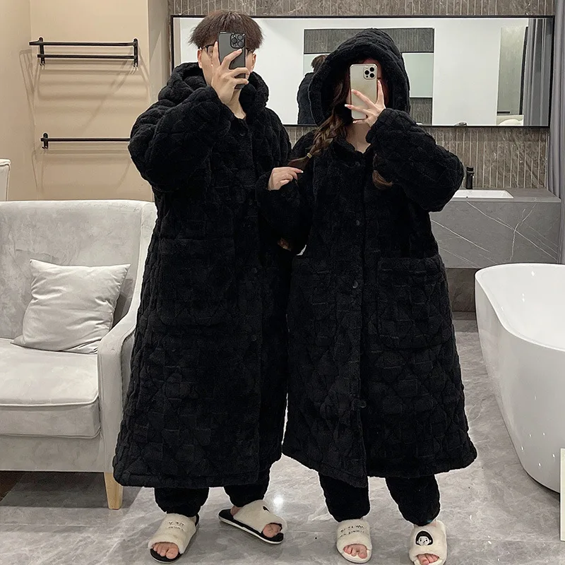 

Couple Winter Long Robe Pajamas Set Pijamas Suit Loose Black Plaid Homewear Loungewear Thickened Flannel Cotton-Padded Sleepwear
