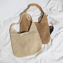 Feminino natural feito à mão palha tecido saco retro alça superior bolsa verão praia sacos de ombro leve