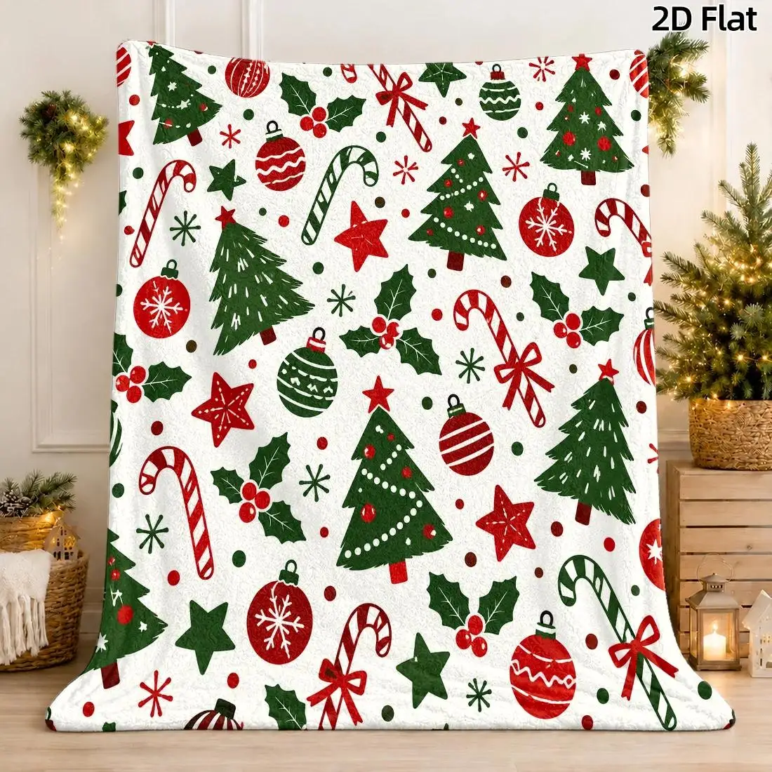 1pc 2D Flat DIY Coloring Throw Blanket, Christmas Tree Ornaments Line Art, Whimsical Watercolor Holiday Illustration Blanket