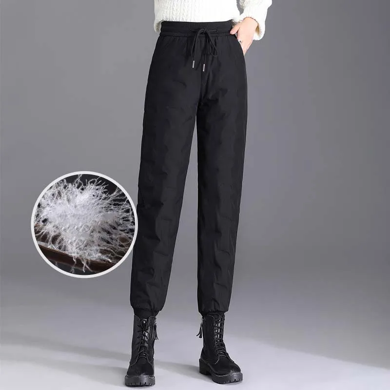 2023 Winter Womens Loose Warm Down Pants High Waist Thick Warm Duck Down Cotton Female Fashion Straight Windproof Snow Trousers