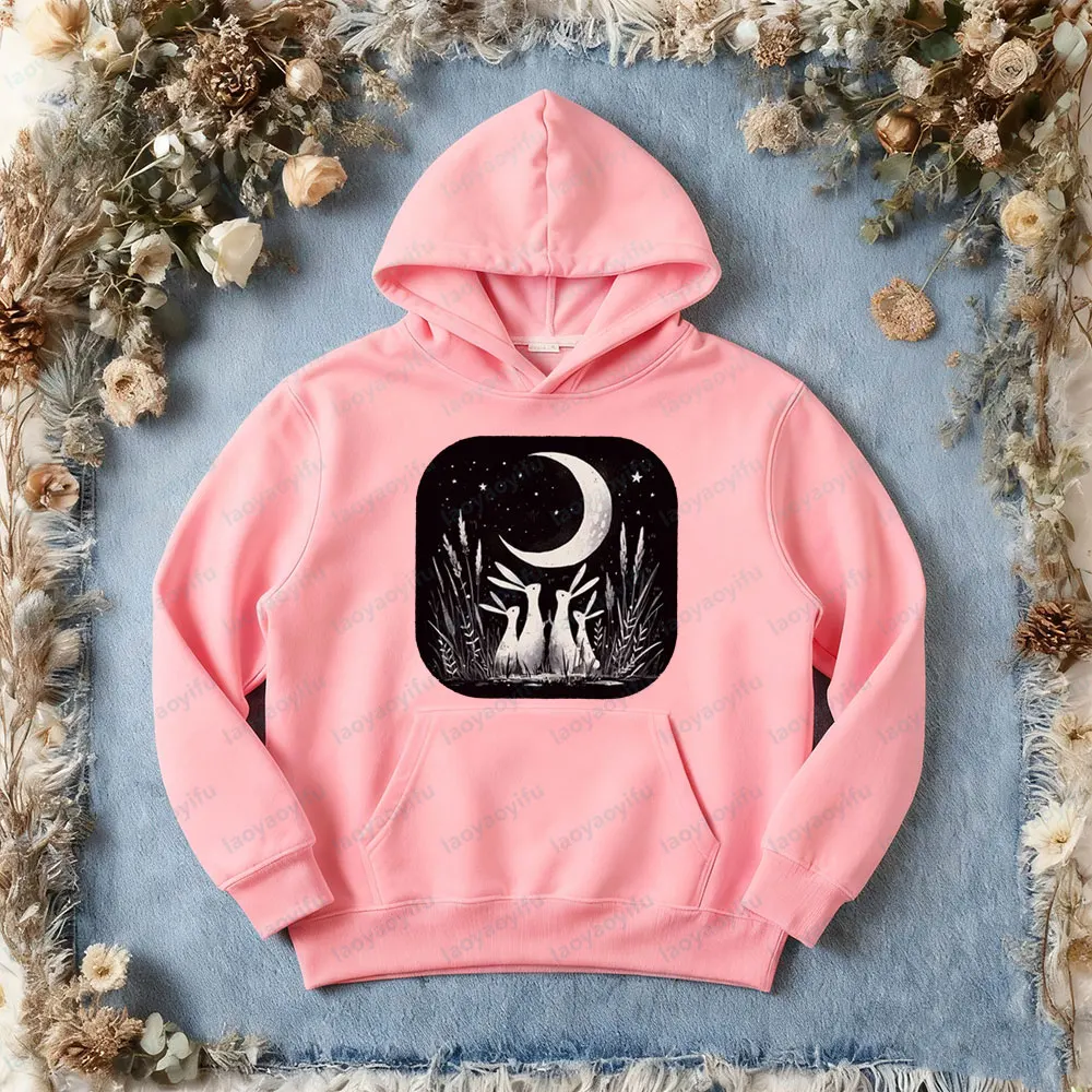 Coelho bonito com capuz lua celestial coelho roupas escuro cottagecore hoodies goblincore estética das mulheres dos homens moda vestuário casual