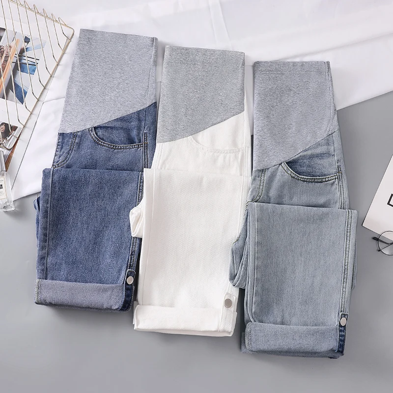 Spring Thin Denim Maternity Straight Jeans Wide Leg Loose Straight Belly Pants Clothes for Pregnant Women Pregnancy Leggings