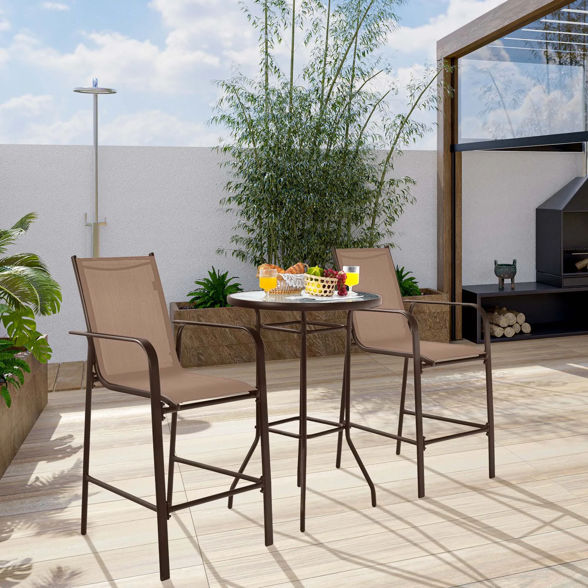 3 PCS Outdoor Patio Bar Table Stool Set Height Tempered Glass Top