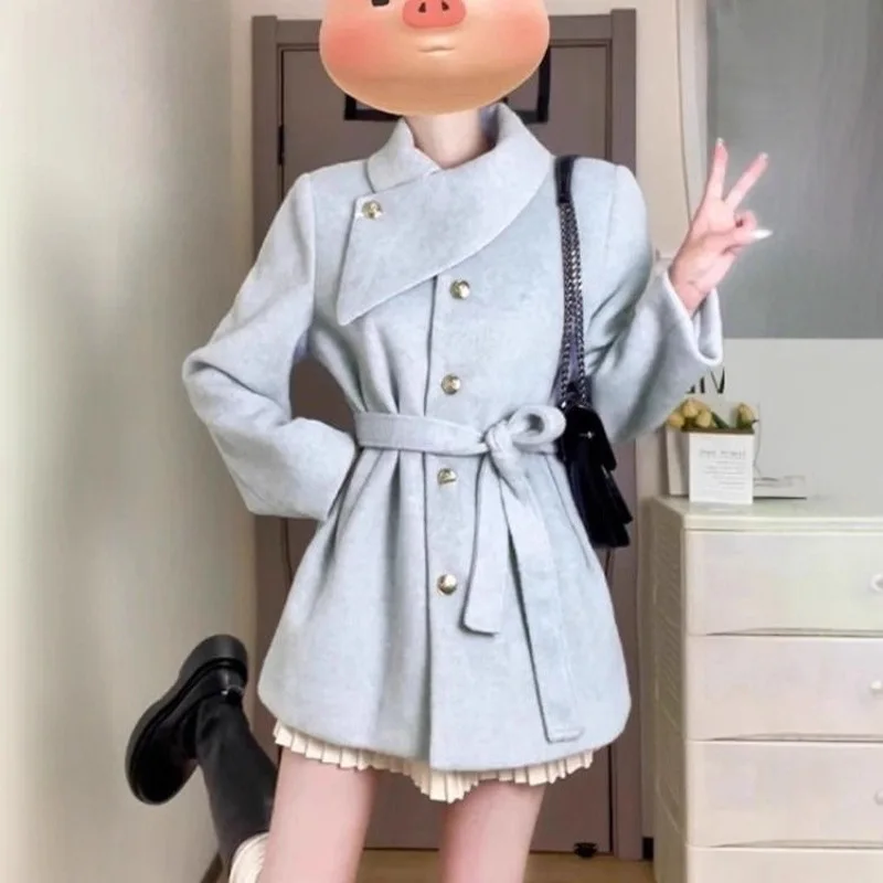 

Милая и пряная элегантная однобортная куртка для девочек, женская приталенная синяя шерстяная куртка на шнуровке, модная женская одежда