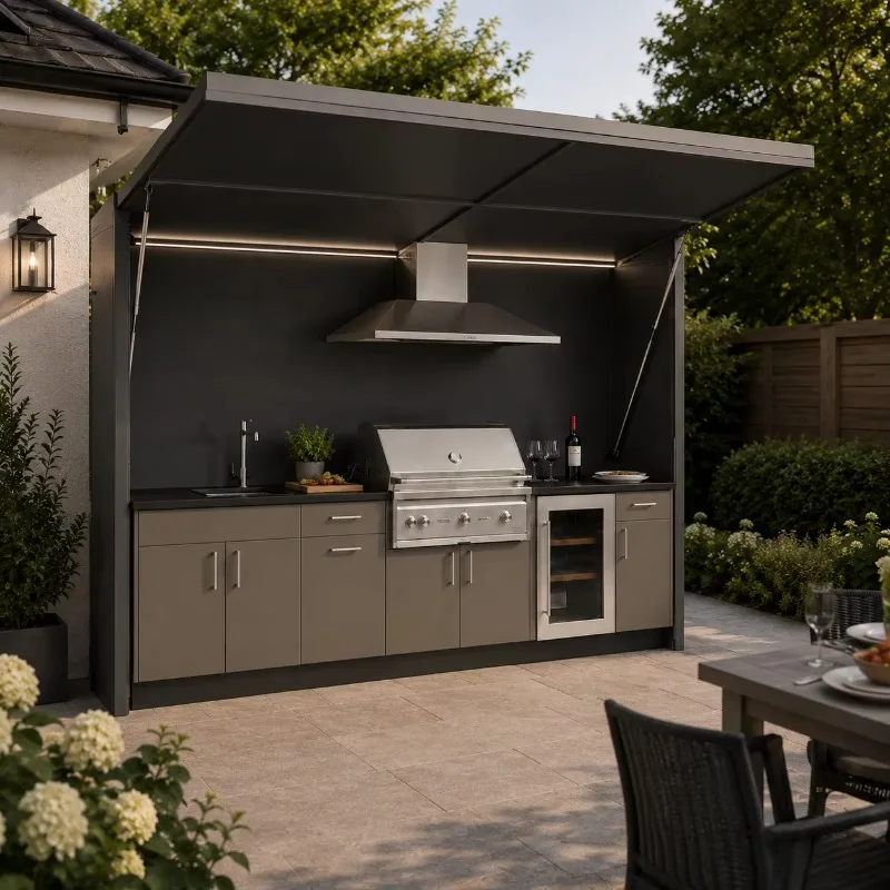 Luxury Stainless Steel Outdoor Kitchen Cabinet with BBQ Grill LED Canopy and Storage for Villa Resort Seaside Terrace