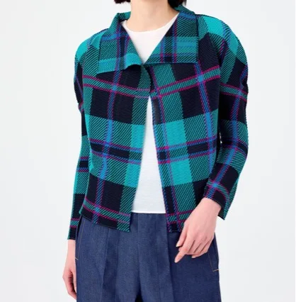 

Miyake плиссированный, женский, высокое качество, многоцветный принт, клетчатый узор в клетку, куртка-кардиган с длинными рукавами