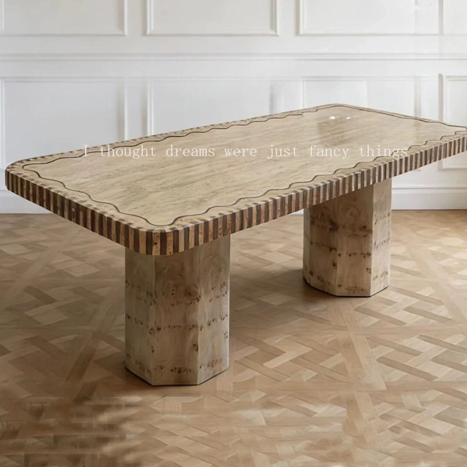 A4567 Medieval solid wood travertine rock slab rectangular dining table, silent wind tree tumor pattern household villa eating t