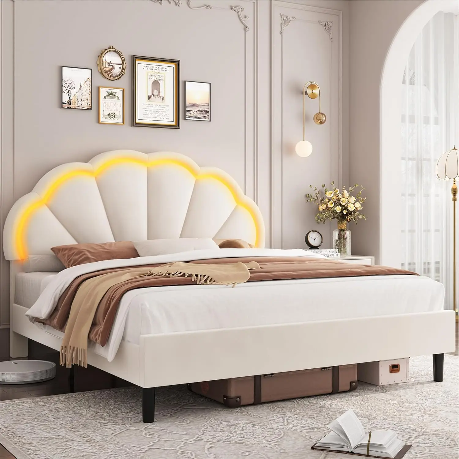 HIFIT King Upholstered Smart LED Bed Frame with Adjustable Chic Petal Headboard, Soft Velvet Princess Frames,Solid Wooden Slats