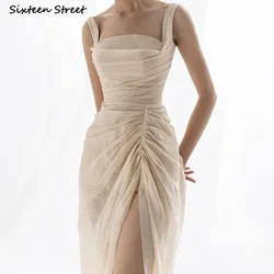 Apricot Shirring Dress Women Vintage Mesh Summer Vacation Sleeveless Square Neck Elegant Bodycon Dress XL Flods Vestido Evening