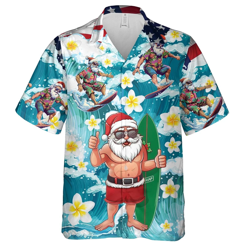 

Hawaii Christmas Party Shirts For Men Clothes Cute Snowman Santa Claus Short Sleeve Casual Unisex Blouses Xmas Gift Lapel Blouse