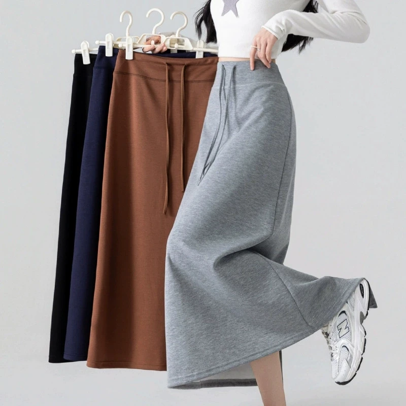 Drawstring High Waist A-line Skirts Female Autumn Casual Simple Split Long Skirt for Woman Chic Streetwear Versatile Midi Skirts