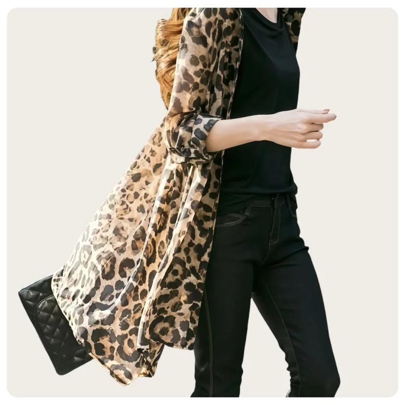 Damen-Oberteil im Vintage-Stil, dünn, mittellang, mit Leopardenmuster, langen Ärmeln und Chiffon-Cardigan. – Detail 7