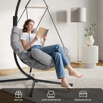 Silla colgante tipo huevo con soporte para exteriores, columpio interior, hamaca con cojín grueso extraíble y lavable, 350 libras, resistente 8 best sales Columpio de interior - №8