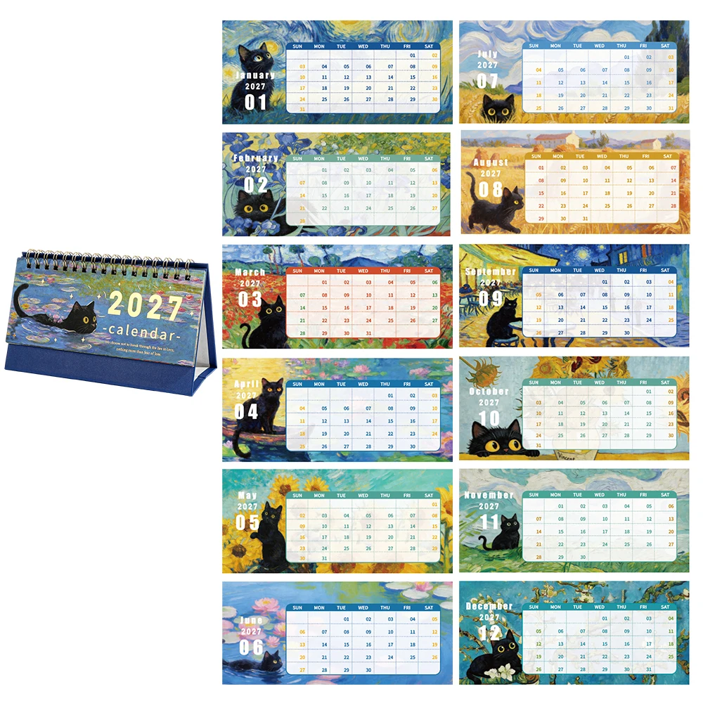 2027 Black Cat Painting Kalender, kleines, tragbares Design, Tages-/Monatsplanerseiten für Büro, Zuhause, Schreibtisch, Zeitorganisator und Dekoration – Detail 10
