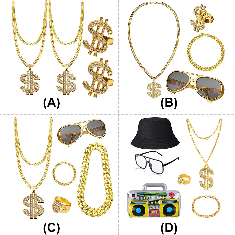 80s 90s Hip-Hop Flamboyant Punk Dollar Sign Ring Kit Big Gold Chain Hip Hop Fancy Dress Costumes Outfit Set for Retro Party