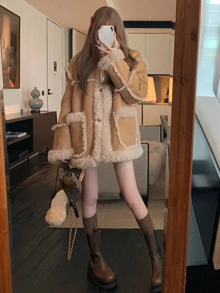 Winter Warm Overcoats Women Outwear Casual Y2k Office Lady Vintage Faux Fur Wool Coat Ladies Korean Fashion Khaki Jackets Chic