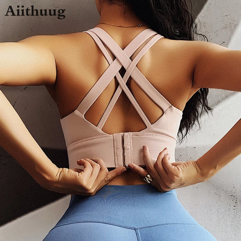 Aiithuug Strappy Hook Buckles Yoga Bras With Removable Pads Widen Hem Athletic Fitness Running Sportswear Top Women's Activewear