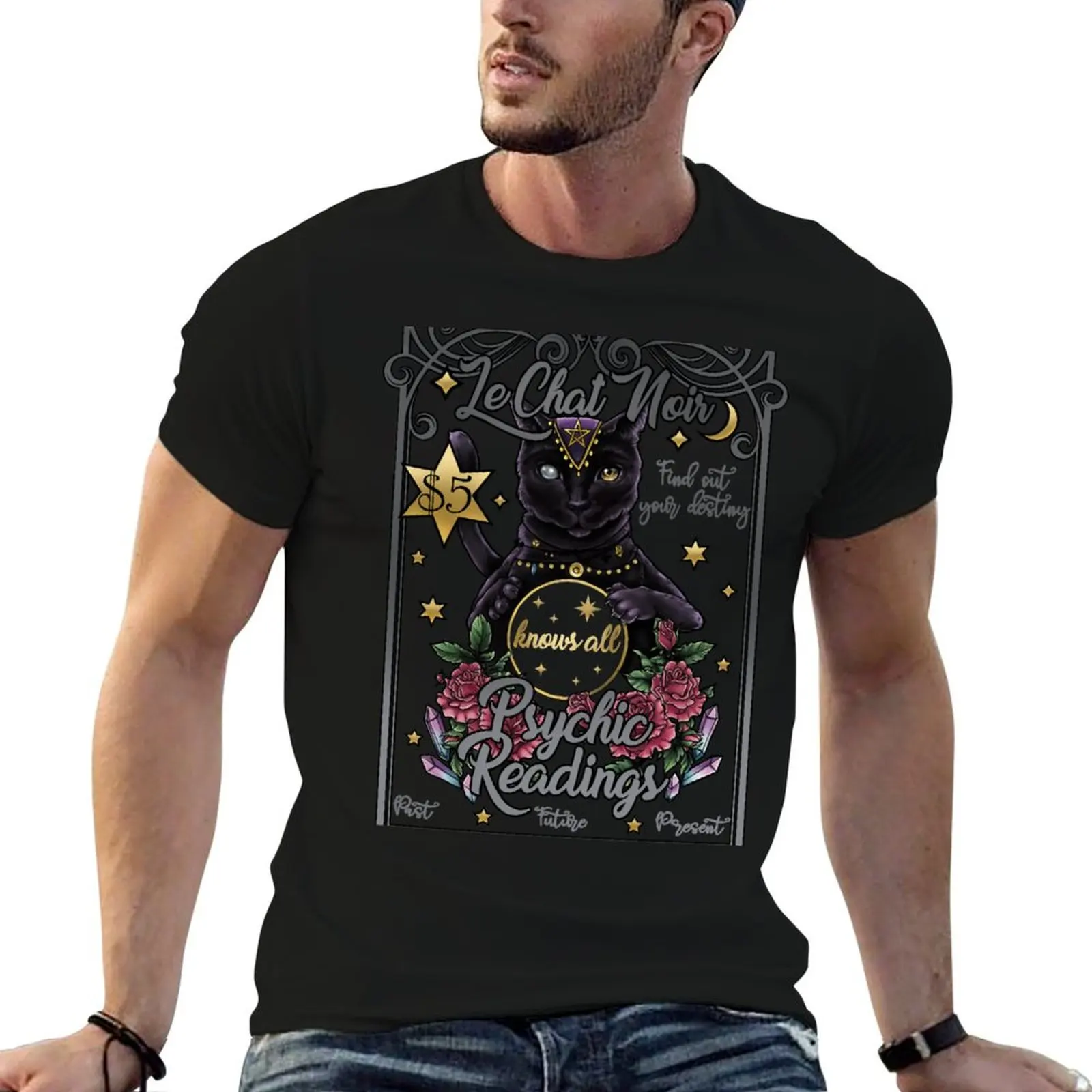 Fortune Teller Black Cat T-Shirt summer tops rapper graphic tees aesthetic clothes t shirts for men