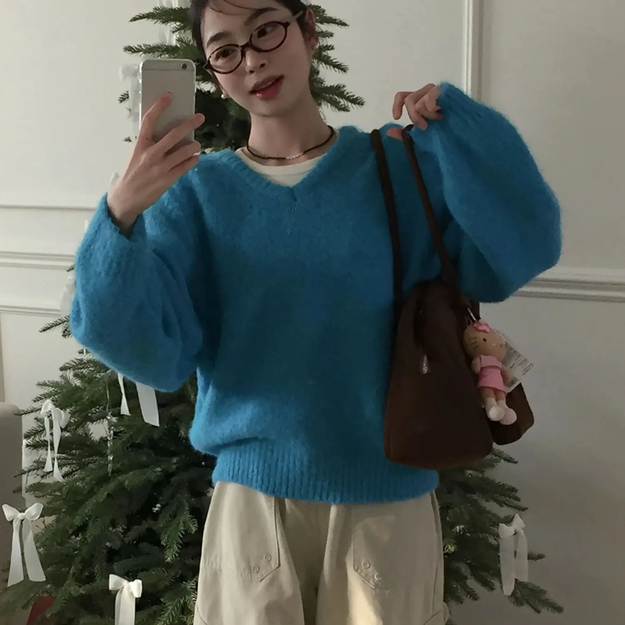 Женский вязаный свитер V-Ne Thiened, повседневный, свободный, осенне-зимний, модный, мягкий, нежный топ в стиле ретро, длинный све Crew Ne