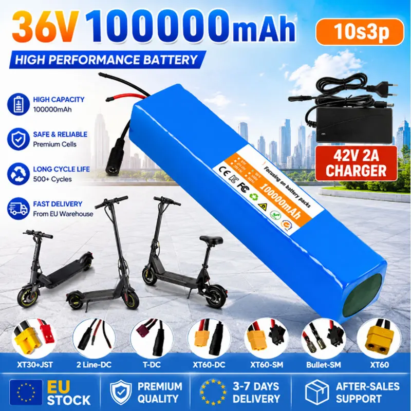 PL Warehouse 100 % neu, A-Qualität, hohe Kapazität, 36 V, 100000 mAh, 10S3P, 18650, wiederaufladbarer Akku, integrierter BMS-Schutz, XT60 JST-Anschluss für 500 W Elektroroller