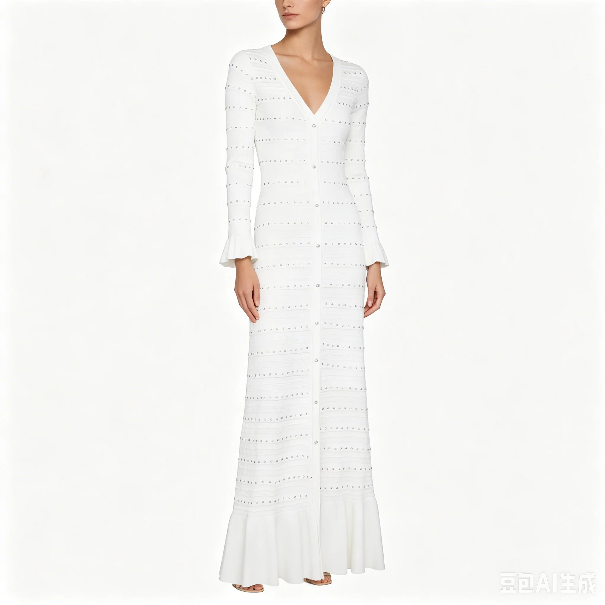 Hochwertiges, modisches, elastisches Strickkleid mit Strassbesatz, V-Ausschnitt, schmal geschnitten, langärmlig, für Damen, Frühling und Herbst.