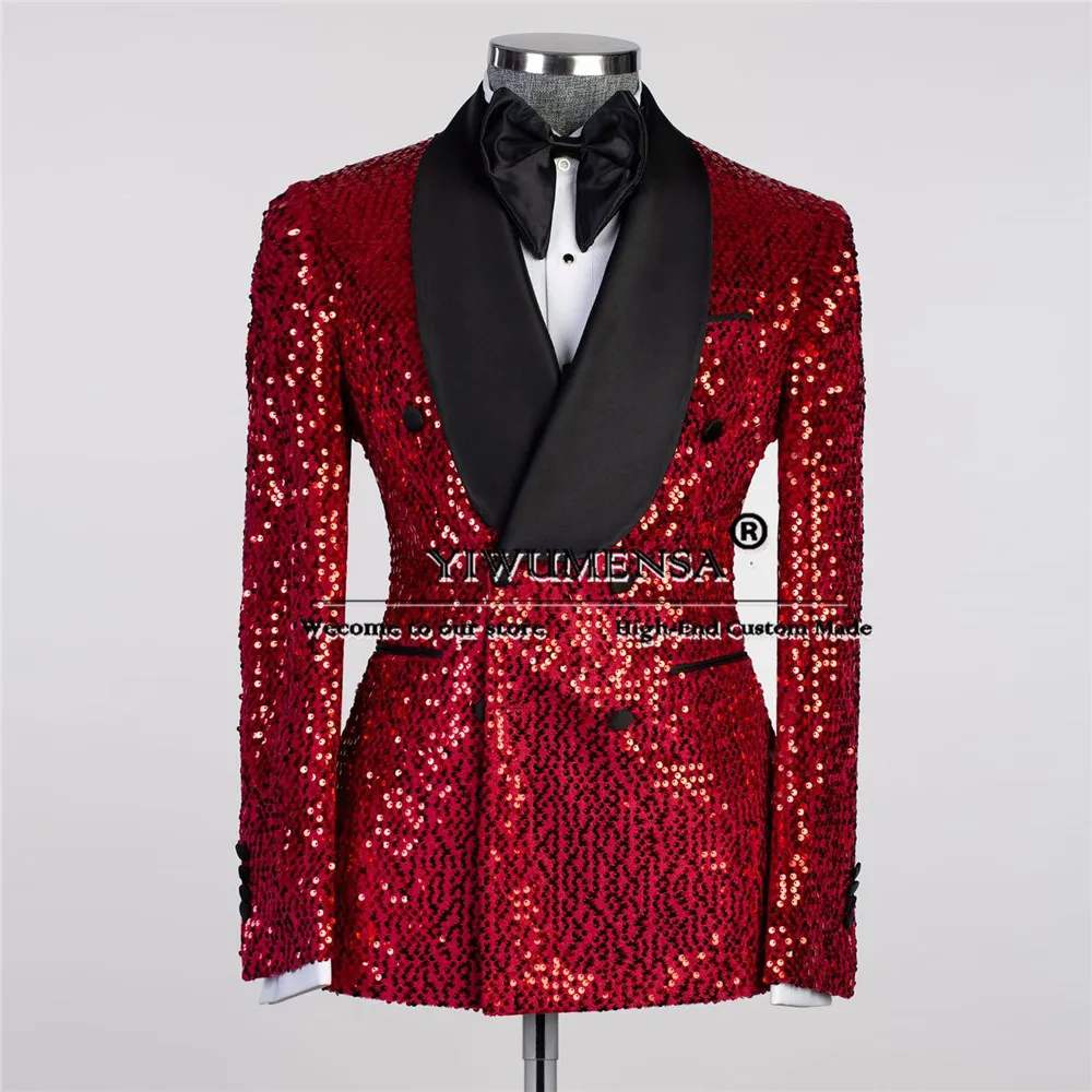 Red Smash Tuxedo Double Breasted Jacket Pants 2 Pieces Bridegroom Wedding Suits Sparkly Sequins Black Notch Lapel Prom Blazers