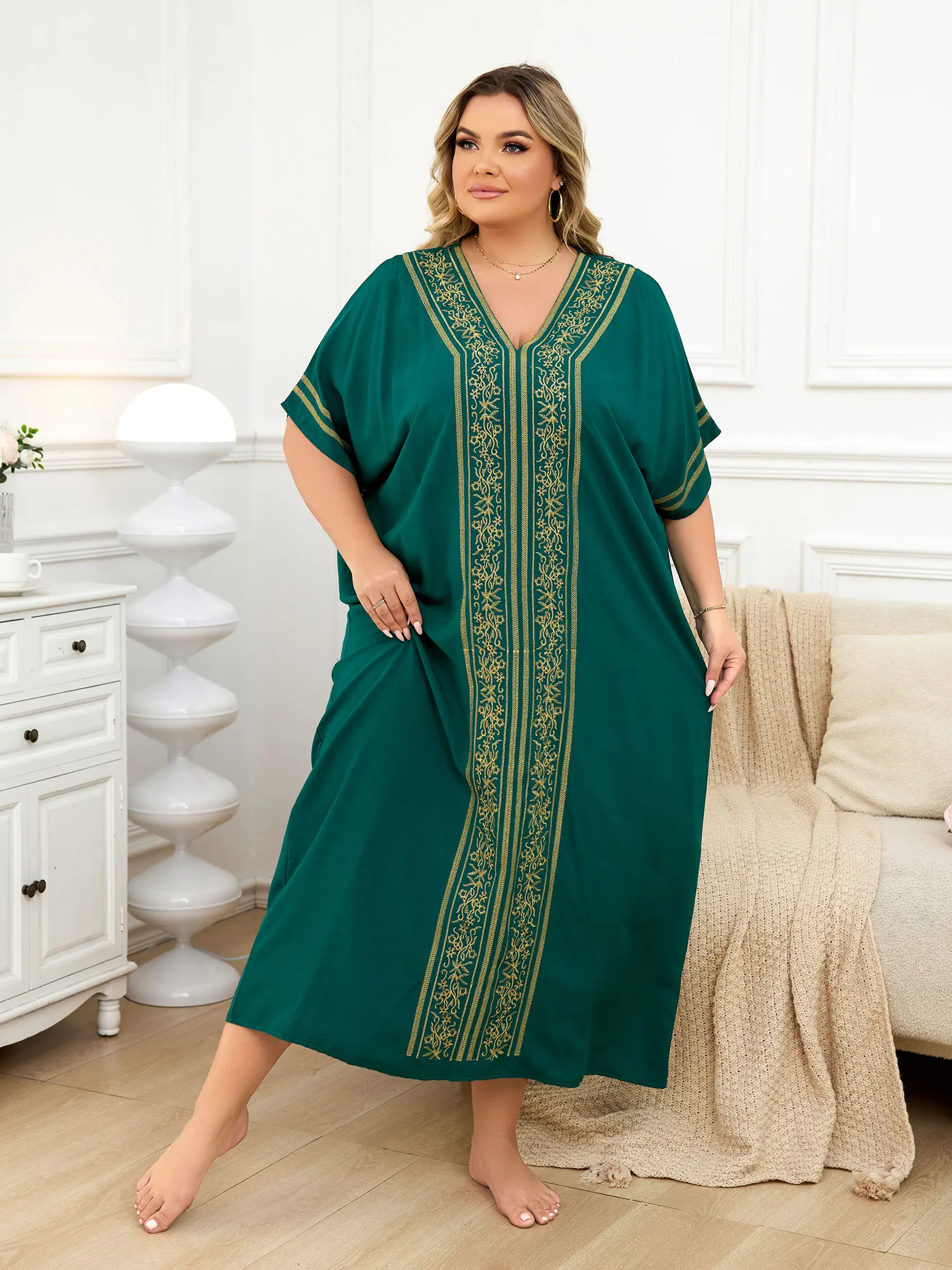 2024 Women Summer Plus Size Green Embroidery Printed Batwing Sleeve Kaftan Dress Beachwear Moo Moo Dresses Q1708