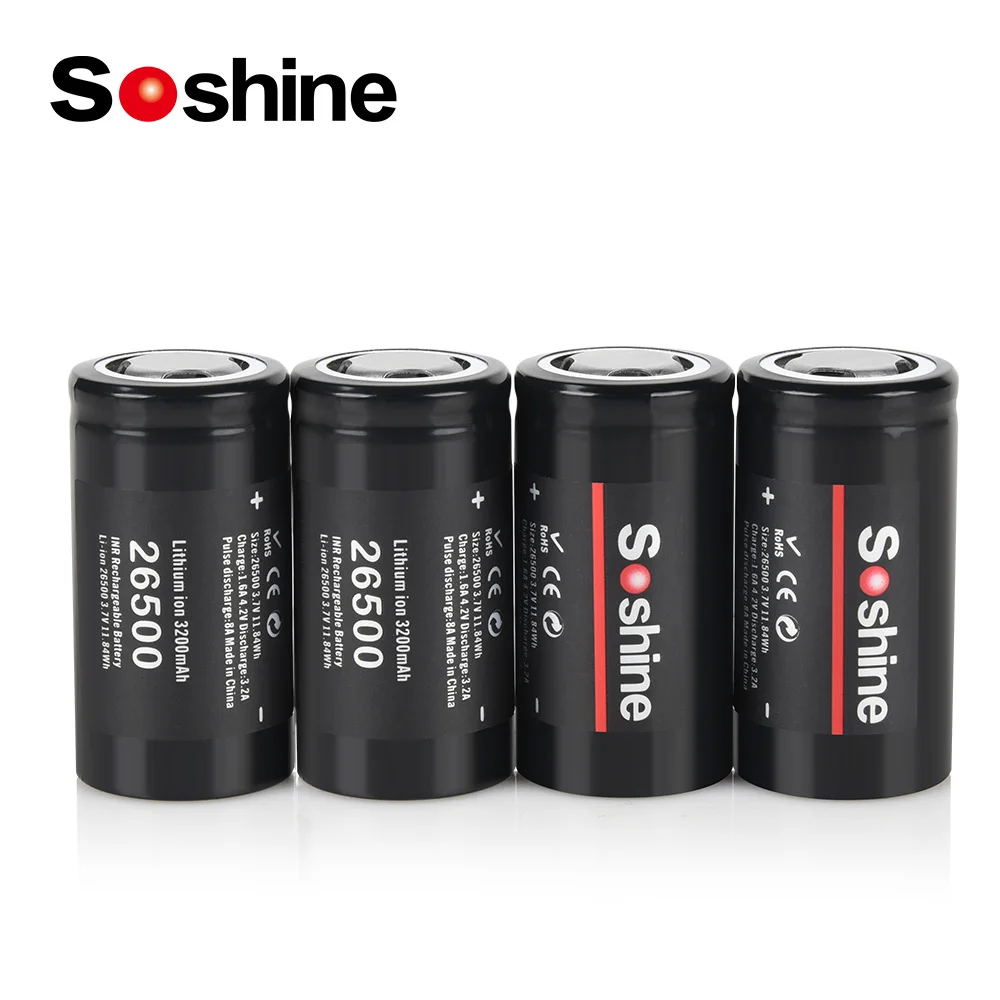 Soshine Li-ion 26500 Battery 3.7V 3200mAh Rechargeable Batteries 26500 Battery lithium for Flashlight Electric Razor Shaver