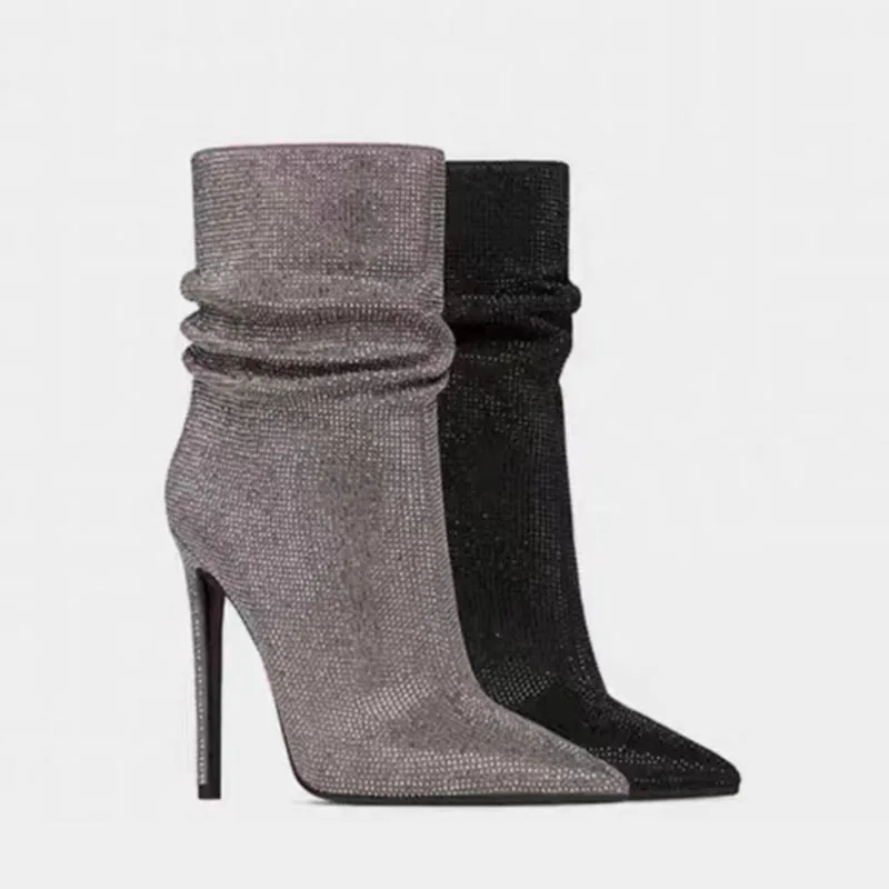 Arden Furtado 2024 Woman's Velvet Thin heels Crystal Short boots Pointed toe Slip-on Super high heel Modern boots large size