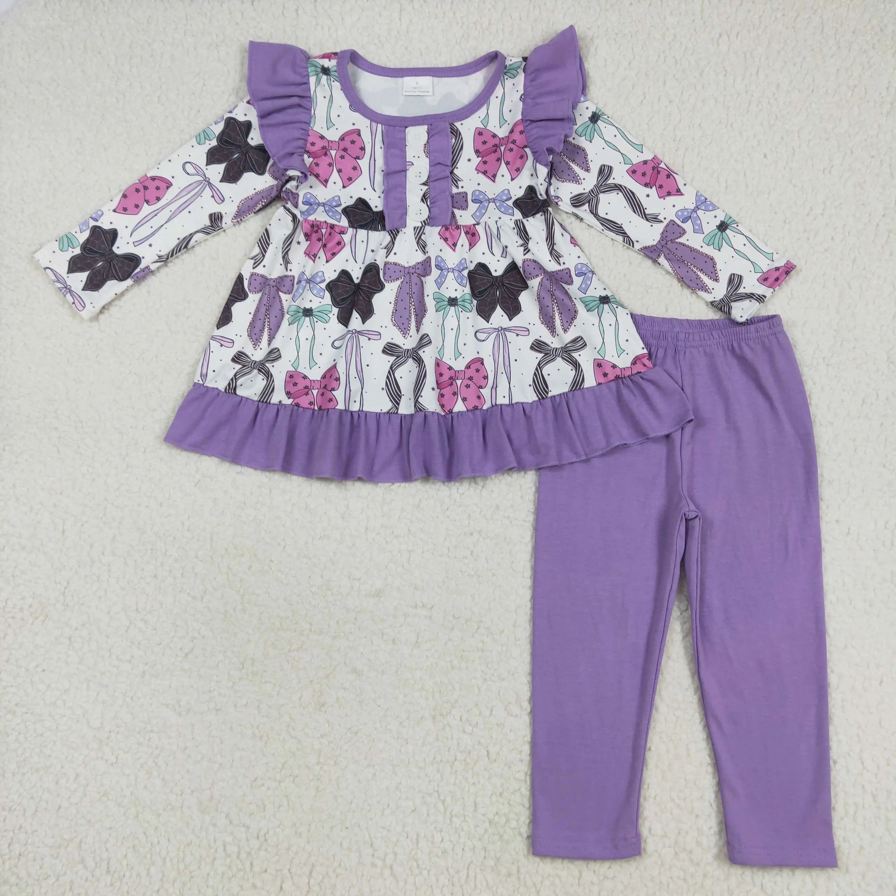 

Winter Purple Bows Baby Girls Halloween Romper Infant Outfits Wholesale Toddler Boutique Clothing Sisters in Stock Baby Clothes