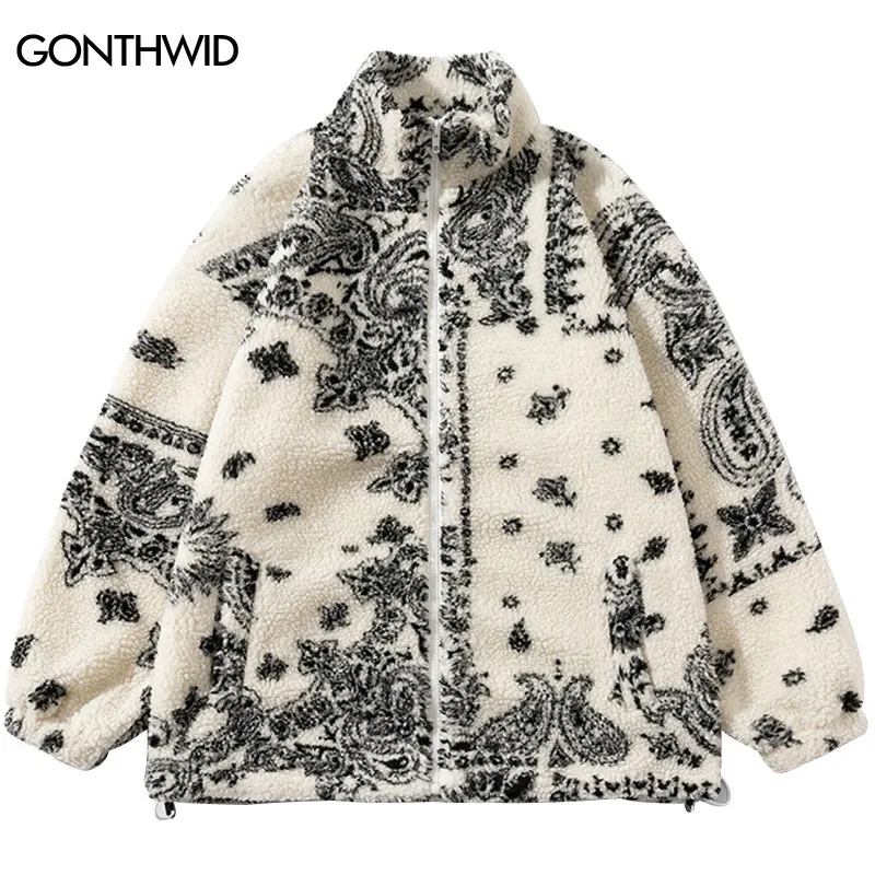 Winter Fuzzy Lamb Fleece Jacket Streetwear Hip Hop Paisley Bandana Print Fluffy Plush Warm Coats Autumn Harajuku Casual Jackets