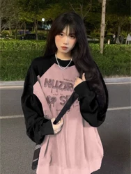 Patchwork Contrast Color Letter Print O Neck Hoodies Vintage Fashion Casual Women Y2k Tops Harajuku Grunge Oversized Sweatshirts