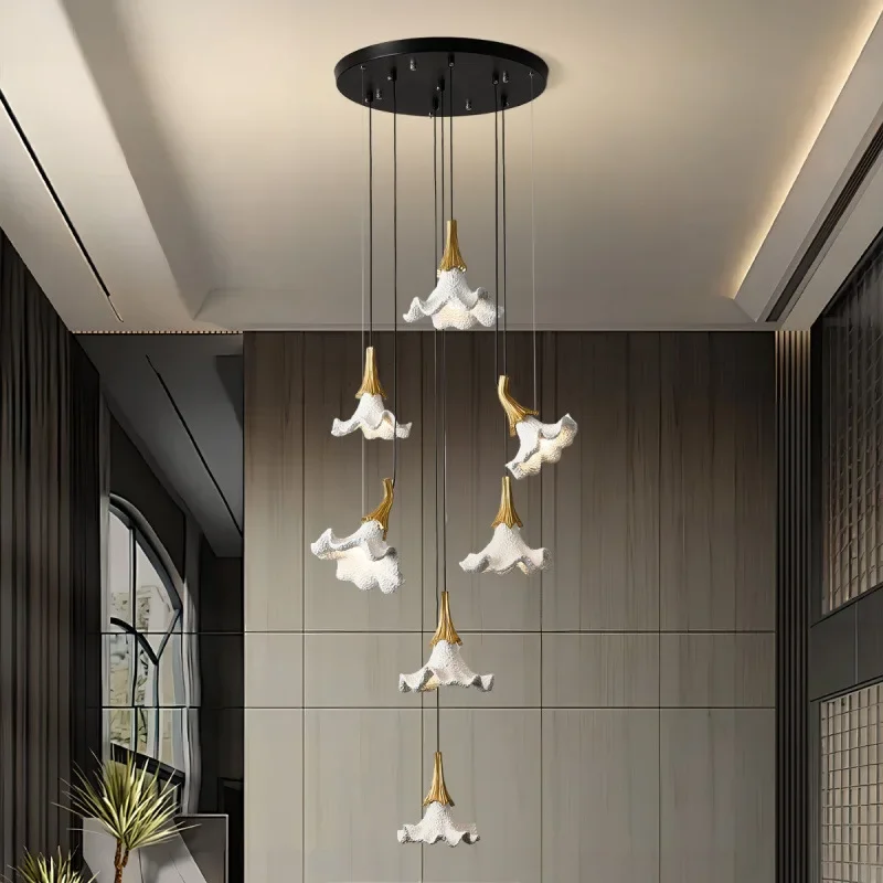French luxury chandelier, retro resin petal design, suitable for villa hotel stairs restaurant bar ambient lighting