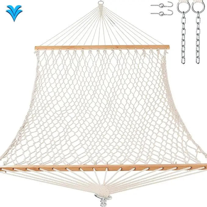 

Double Traditional Cotton Rope Hammock with Hardwood Chain Hooks Adult Swing for Indoor & Outdoor Use Parachute Net Material