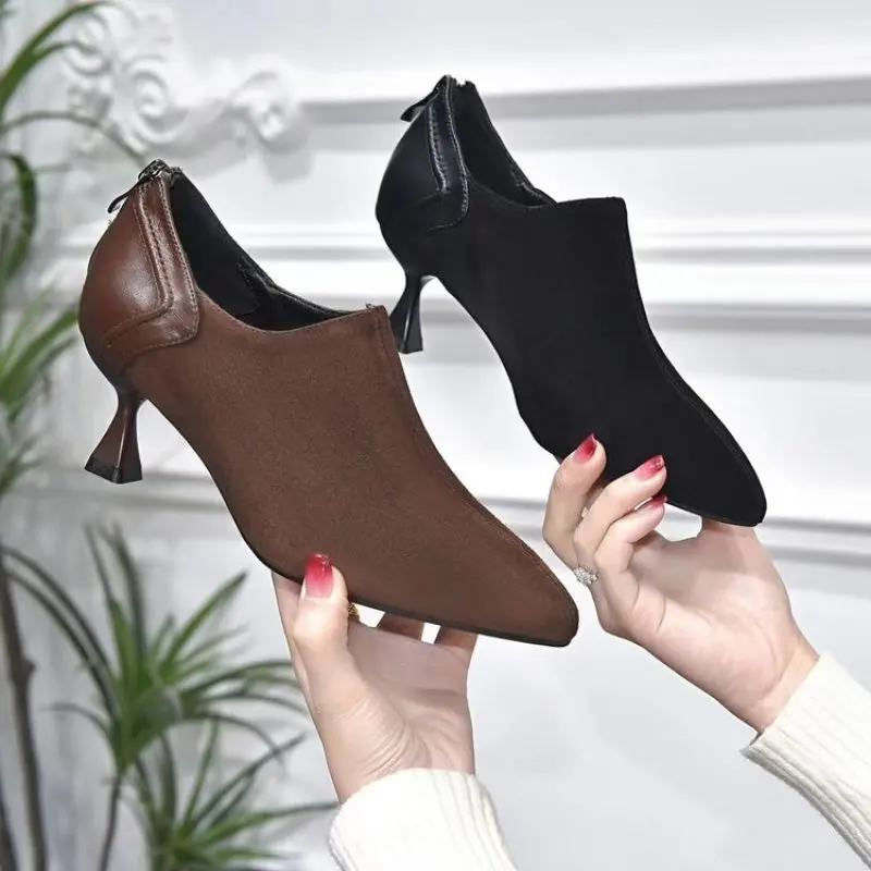 

Retro Faux Suede Chelsea Women's Boots Pointy Toe Square Block High Heel Short Ankle Boot Woman Dress Office Shoes Size Fashion