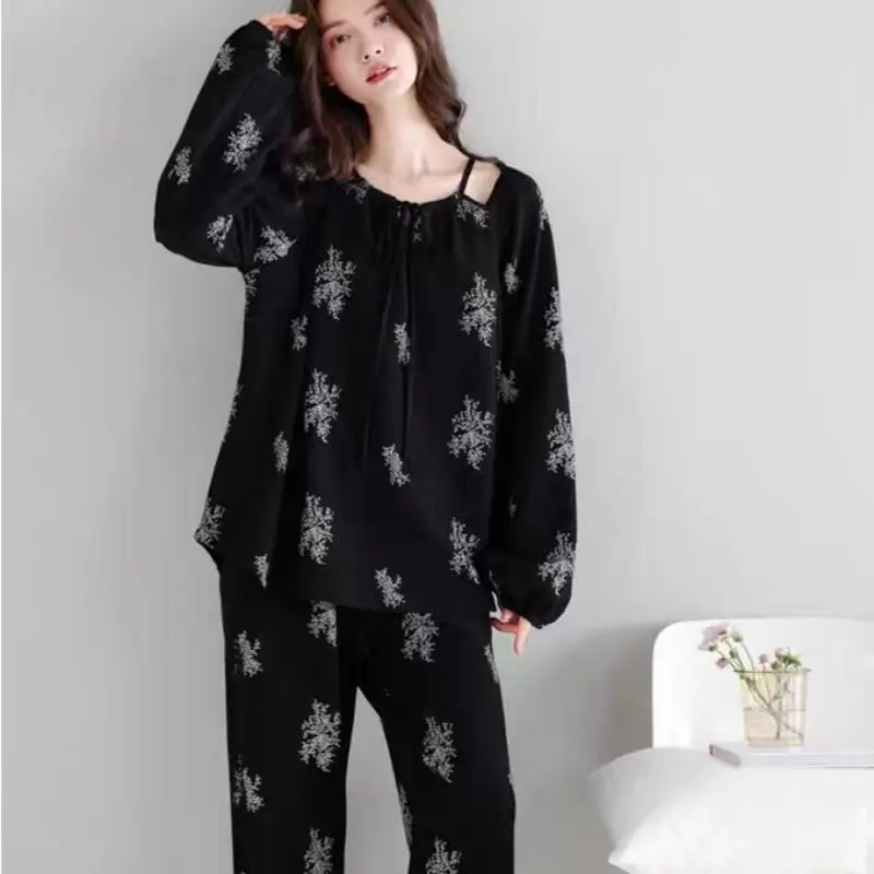 ホットな女性のプリントパジャマセット女の子セクシーなゆったりとしたシンプルな長袖レジャーウェアアウターウェア四季ホーム服新しい